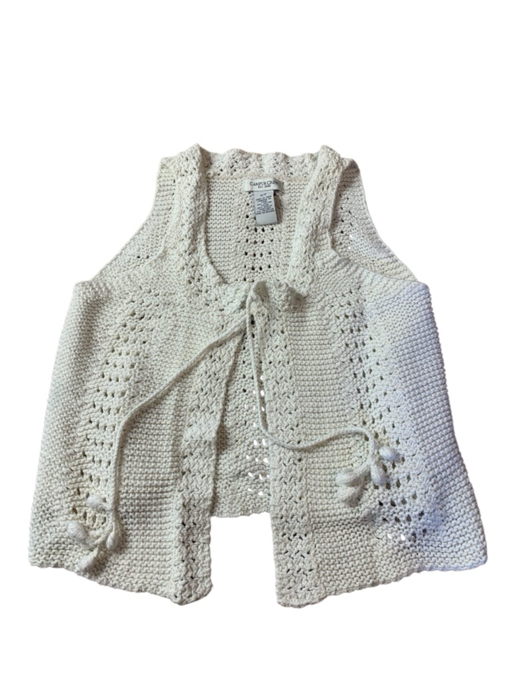 Campus Crew Shimmer Knit Tie-Front Vest Pom-Pom Detail White Silver S/P